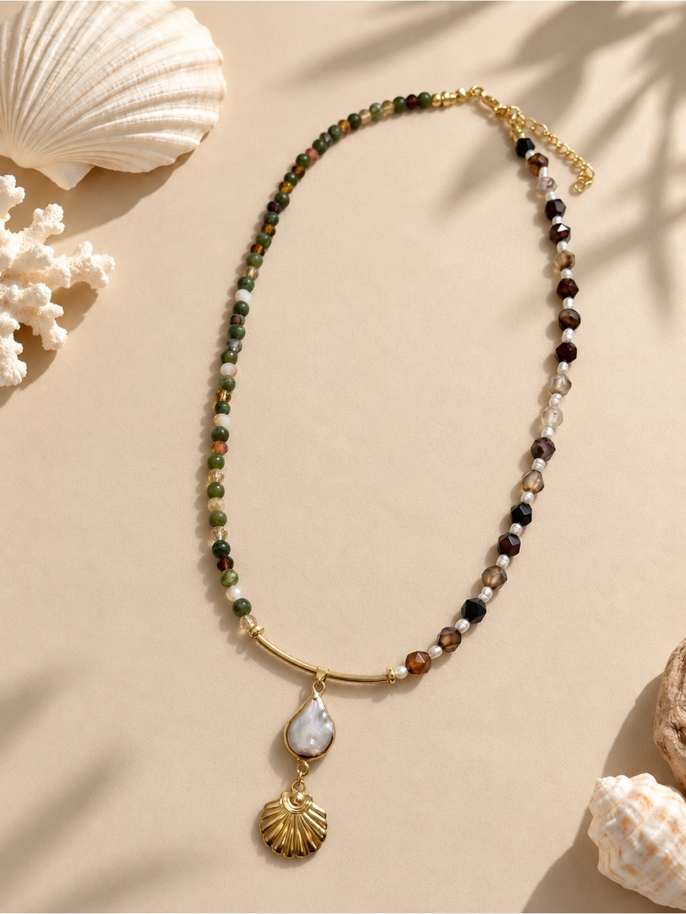 Gold Pearl & Multicolor Bead Shell Pendant Necklace and Bracelet- Women Jewelry